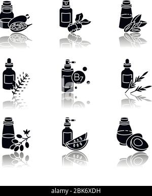 Haaröle Drop Schatten schwarz Glyph Symbole gesetzt. Kokosnuss kosmetische Maske in Glas-Paket. Mandelextrakt für die Haarpflege. Behandlung von Traubenkernserum. Isoliert Stock Vektor