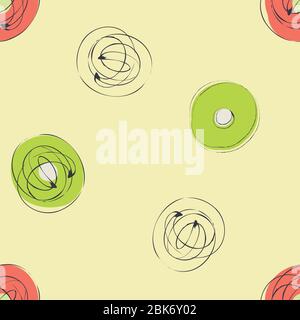 Getuftelte Tinte Linie Kreis Vektor nahtlose Muster Hintergrund. Retro Pinselstrich wirbelt grün roten Hintergrund. Auffällige handgezeichnete Wiederholung im Stil der 1950er Jahre. Alle Stock Vektor