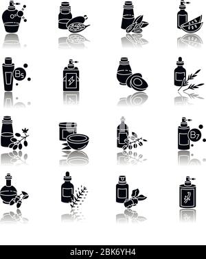 Haaröle Drop Schatten schwarz Glyph Symbole gesetzt. Hydrolysiertes Weizenprotein kosmetisches Produkt. Mandelextrakt für die Haarpflege. Arganöl zur Ernährung Stock Vektor