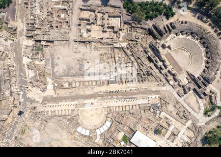 Luftaufnahme der antiken Ruinen von Beit Shean, Israel. Stockfoto