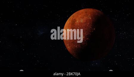 Roter Planet auf der schwarzen Galaxie. Rote Galaxie im All. Stockfoto