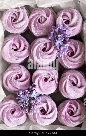 Violett süß hausgemachte Zephyr oder Marshmallow aus schwarzer Johannisbeere in Papierbox Draufsicht Stockfoto
