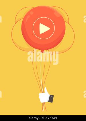 Illustration eines Like Hand Holding Ballons mit einem Play Button Design Stockfoto