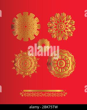 Sammlung von goldenen Schneeflocken auf rotem Hintergrund Stock Vektor