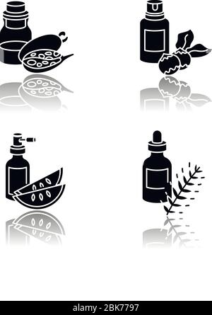 Haaröle Drop Schatten schwarz Glyph Symbole gesetzt. Natürlicher Traubenkernextrakt. Macadamia rohe Nüsse. Reife kalahari Melonenscheiben. Rosmarinkräuter. Isoliert Stock Vektor