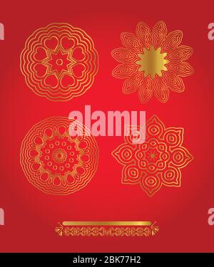 Vektor Set Gold Schneeflocken auf rotem Hintergrund Stock Vektor