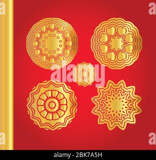 Traditionelle Schneeflocken auf rotem Hintergrund. Set mit Mandalas mit Blumenmuster. Stock Vektor