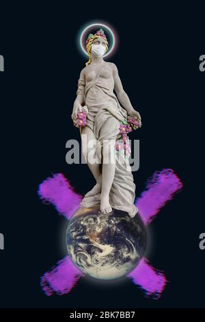 Konzept des Frühlings als griechische Göttin, die während der COVID-19 Pandemie eine schützende Gesichtsmaske auf dem Planeten Erde trägt. Stereoeffekte Stockfoto