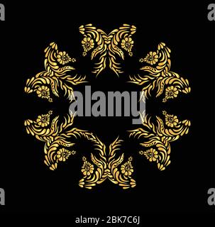 Goldene Blüten auf schwarzem Hintergrund. Goldfarbenes Vintage-Blumenmuster Stock Vektor