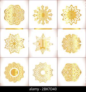 Vektor-Vorlagen mit Gold und weißem Mandala. Geometrisches Logo Vorlage Set. Vektor Vorlagen für Hochzeit Design, Kaleidoskop, Medaillon, indien, Ara Stock Vektor