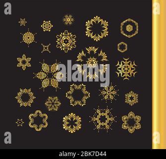Ornamentmuster mit runder Spitze aus Gold. Weihnachten Schneeflocken Set Stock Vektor