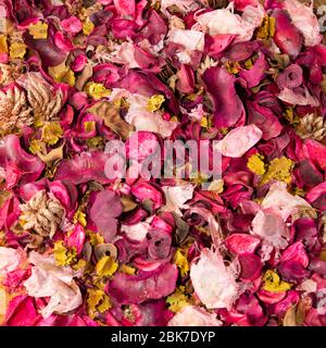 Potpurri rosa und gelbe Textur mit Blatt und Blume Stockfoto
