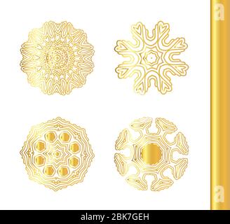 Geometrisches Gold Mandala Set. Abstrakte Goldsymbole. Spitzen-Mandalas aus Gold. Vektorgrafik Stock Vektor