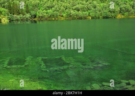 Der Lygnstøylvatnet-See im Norangsdal-Tal in Norwegen wurde 1908 durch einen Felssturz gebildet. Die Fundamente verlassene Bauernhäuser sind noch sichtbar Stockfoto