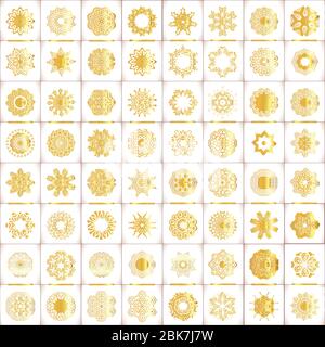 Vektor-Vorlagen mit Gold und weißem Mandala. Geometrisches Logo Vorlage Set. Vektor Vorlagen für Hochzeit Design, Kaleidoskop, Medaillon, indien, Ara Stock Vektor