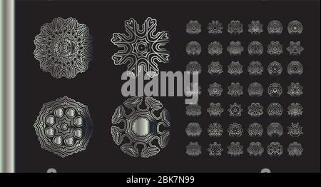 Vector Set Vintage Silber floralen Ornament auf schwarzem Hintergrund. Dekorative runde Rahmen. Stock Vektor