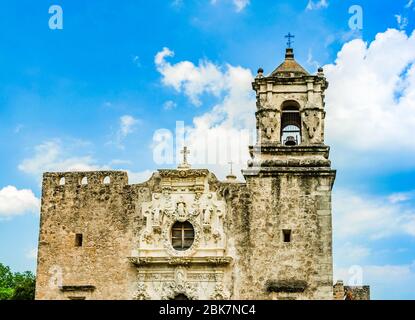 San Antonio, Texas: Fassade der Kirche Mission San Jose, Teil des San Antonio National Historical Park. Stockfoto