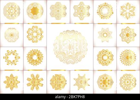 Vektor-Vorlagen mit Gold und weißem Mandala. Geometrisches Logo Vorlage Set. Vektor Vorlagen für Hochzeit Design, Kaleidoskop, Medaillon, indien, Ara Stock Vektor