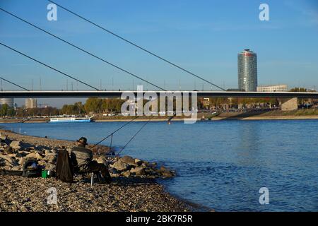 Blick auf den Rhein vom Bezirk ob Oberkassel in Düsseldorf. Später Nachmittag Sonne mit blauem Himmel. Oberkassel-Brücke im Hintergrund. Stockfoto