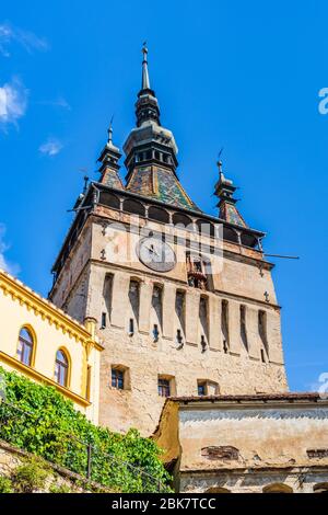 Sighisoara, Mures County, Rumänien: Der Uhrturm, ein Torturm, der Haupteingang zur Zitadelle. Stockfoto