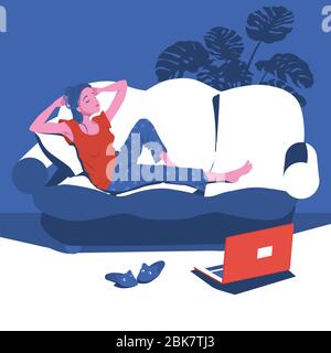 Mädchen ist zu Hause auf der Couch mit einem Laptop liegen gelangweilt. Klassen während der Quarantäne per Fernzugriff. Zeichen Vektor Illustration Stock Vektor