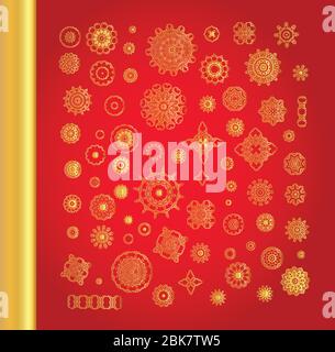 Golden Vektor Vintage Schneeflocken auf rotem Hintergrund. Stock Vektor