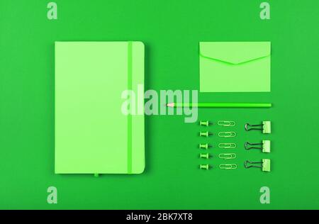 Ordentlich organisierte Schreibwaren flach legen pastellgrünen Notizbuch, Umschlag, Bleistift, Büroklammern, Ordner und Stifte in Ordnung, erhöhte Ansicht von oben, direkt Stockfoto