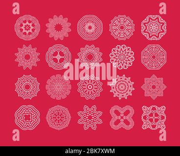 Schneeflocken auf rotem Hintergrund gesetzt. Sammlung von Vektor-Schneeflocken. Stock Vektor