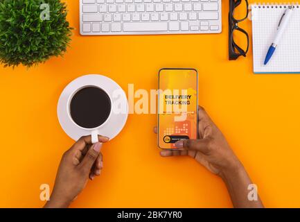 afroamerikanische Frau Hand hält ein Smartphone Stockfoto