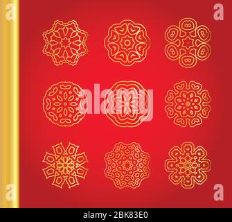 Goldene Vektor Schneeflocken auf rotem Kunsthintergrund Stock Vektor