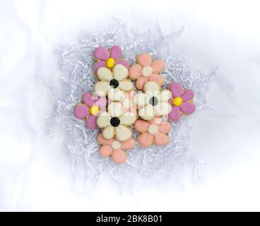 Cookies mit Glasur in Form von Blumen., isoliert auf einem weißen Hintergrund. Stockfoto