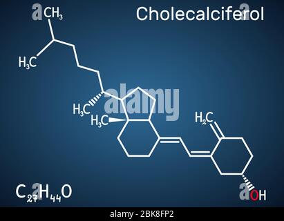 Cholecalciferol, Colecalciferol, Vitamin D3, C27H44O Molekül. Strukturelle chemische Formel auf dem dunkelblauen Hintergrund. Vektorgrafik Stock Vektor