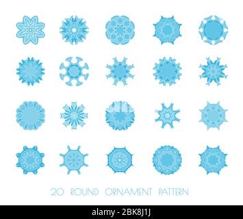 Schneeflocken Weihnachten Symbole. Blaue Schneeflocken, Fraktale oder Mandala. Stock Vektor