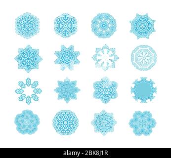 Schneeflocken Weihnachten Symbole. Blaue Schneeflocken, Fraktale oder Mandala. Stock Vektor