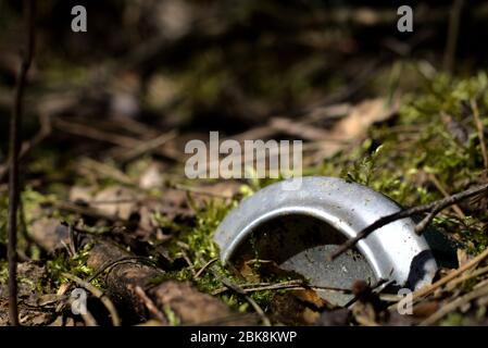 Weggeworfene Bierkandel im Wald. Konzentrieren Sie sich auf Müll Stockfoto