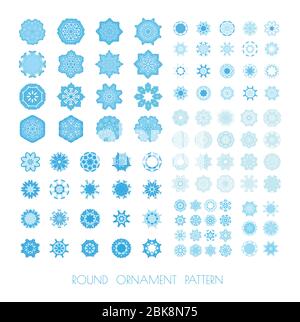 Schneeflocken Weihnachten Symbole. Blaue Schneeflocken, Fraktale oder Mandala. Stock Vektor