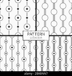 Set von vier abstrakten geometrischen nahtlose Muster der Symmetrie angeordnet Kreise, Punkte und Linien. Linearer Stil. Hintergründe für Stoff, Stoff, Textil. Stock Vektor