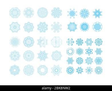 Schneeflocken Weihnachten Symbole. Blaue Schneeflocken, Fraktale oder Mandala. Stock Vektor