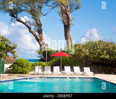 Liegestühle und Sonnenschirm am Pool Stockfoto