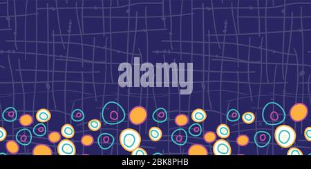 Kreise auf Grid-Grenze, helle lustige Punkte in Kreisen auf dunkelblauem Hintergrund mit Grid-Design nahtlose Wiederholung Vektor Muster Oberflächenmuster Stock Vektor
