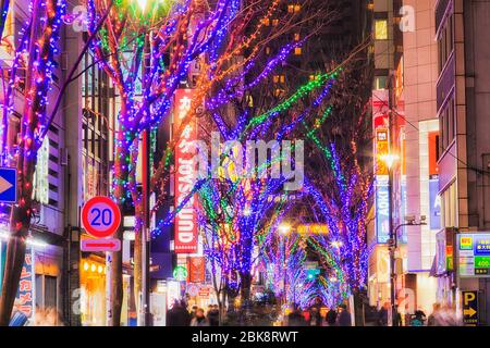 Tokio, Japan - 31. Dez 2019: Hell beleuchtete Bäume entlang der Einkaufsstraße im Shinjuku Einkaufsviertel von Tokio mit hellen Ladenanzeigen und Stockfoto