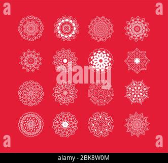 Weiße Vektor Schneeflocken auf rotem Hintergrund. Weihnachten Schneeflocken Set Stock Vektor