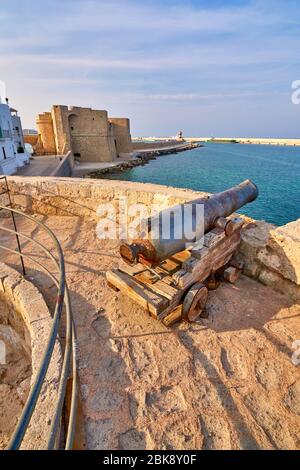 Mittelalterliche Verteidigung Kanone und Turm vor dem Schloss Carlo V bei Sonnenuntergang im schönen Monopoli - Apulien - Apulien - Italien Stockfoto