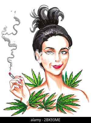 Hübsche Frau, die Marihuana-Joint raucht. Skizze mit Tinte und Aquarell Stockfoto