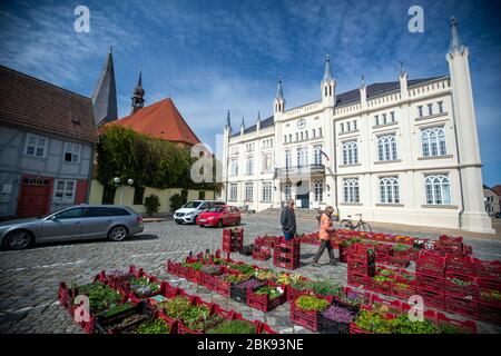 28. April 2020, Mecklenburg-Vorpommern, Bützow: Passanten schauen sich Pflanzen an, die eine Baumschule auf dem Marktplatz vor dem Servicebereich anbietet. Fünf Jahre nach dem verheerenden Tornado wurden die meisten Gebäude in der kleinen Stadt restauriert. Der Tornado, der am Abend des 05.05.2015 durch Bützow fegte, hatte Schäden in Höhe von rund 40 Millionen Euro verursacht. Foto: Jens Büttner/dpa-Zentralbild/dpa Stockfoto