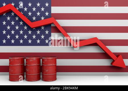 3D-Rendering des Finanz- und Wirtschaftskonzepts. Rezession und rückläufige Trends im Iran. Rückgang des Wertes von US-Öl. Rückläufige Wirtschaftsbeziehungen. Stockfoto