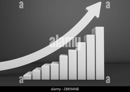 3D-Rendering des Finanz- und Wirtschaftskonzepts. Aufschwung und steigende Trends in der Welt. Candlestick-Diagramm mit weißem Pfeil nach oben drehen. Steigerung der Wirtschaftlichkeit. Stockfoto