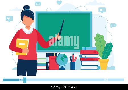 Online Learning Konzept. Lehrerin mit Büchern und Tafel, Videounterricht. Vektorgrafik im flachen Stil Stock Vektor