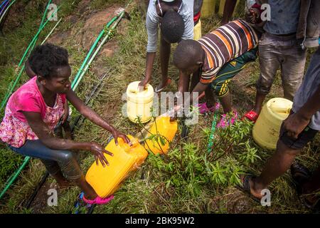 Nairobi, Kenia. April 2020. Kinder holen Wasser aus einer kaputten Wasserleitung in Kibera ohne ihre Gesichtsmasken, ohne dabei die soziale Distanz während der Corona-Virus-Pandemie zu mindern. Das tägliche Leben in Kibera Slums, das größte in Nairobi, wurde von der anhaltenden COVid19-Pandemie nicht stark beeinflusst, außer ein paar Aktivitäten, die durch die aufgrund der Pandemie verhängte Ausgangssperre begrenzt wurden. Quelle: SOPA Images Limited/Alamy Live News Stockfoto