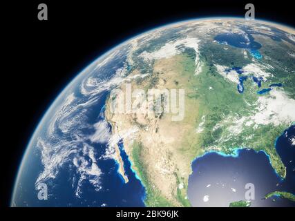 Nordamerika aus dem All bei Tag - Kanada, Vereinigte Staaten von Amerika und Mexiko - Erdkrümmung und Atmosphäre - der blaue Marmor - 3D-Illustration Stockfoto